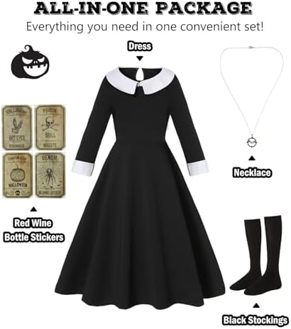 Black Peter Pan Collar Halloween Costume for Girls with Necklace Accessories