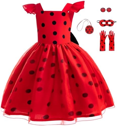 Sgehen Girls Ladybug Costume Puff Sleeve Dress - Halloween Birthday Christmas PartyCostuming Set