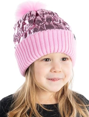 Funky Junque Shiny Puffer Knit Toddler Winter Hat with Pom-Pom