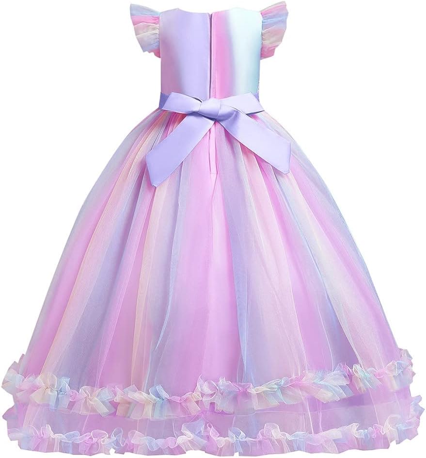 MYRISAM Girls Unicorn Rainbow Tulle Long Dress
