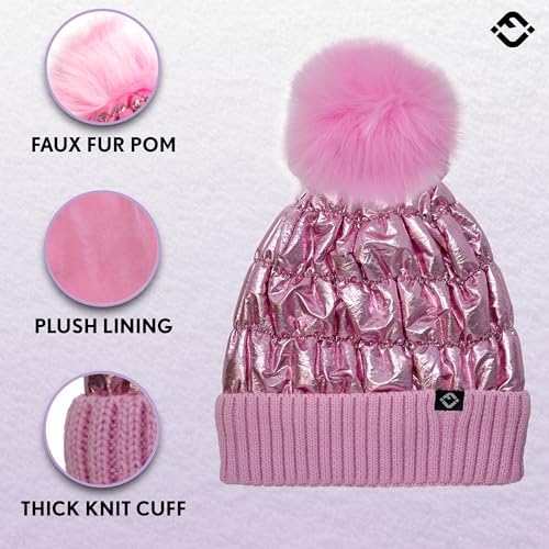 Funky Junque Shiny Puffer Knit Toddler Winter Hat with Pom-Pom