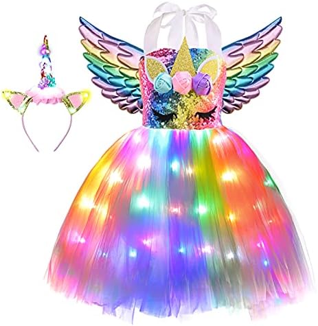 Girls Unicorn Costume LED Light Up Dress for Princesses