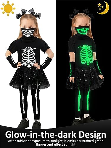 AOTHSO Halloween Girls Skeleton Costume Set with Glow In The Dark Accessories