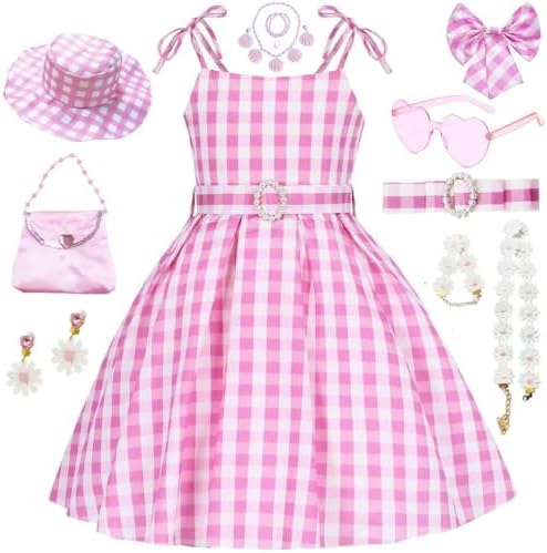 SJ-TONDA Girls 2023 Pink Plaid Movie Costume Dress