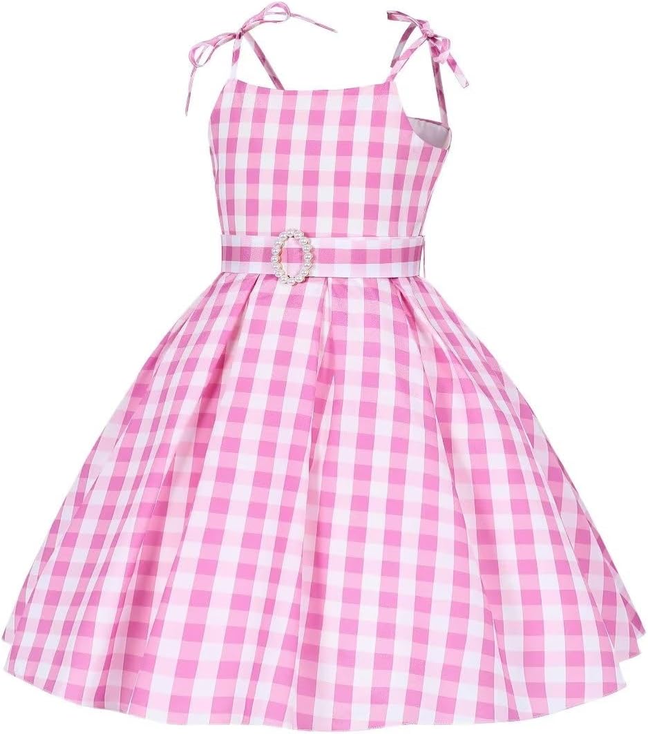 SJ-TONDA Girls 2023 Pink Plaid Movie Costume Dress