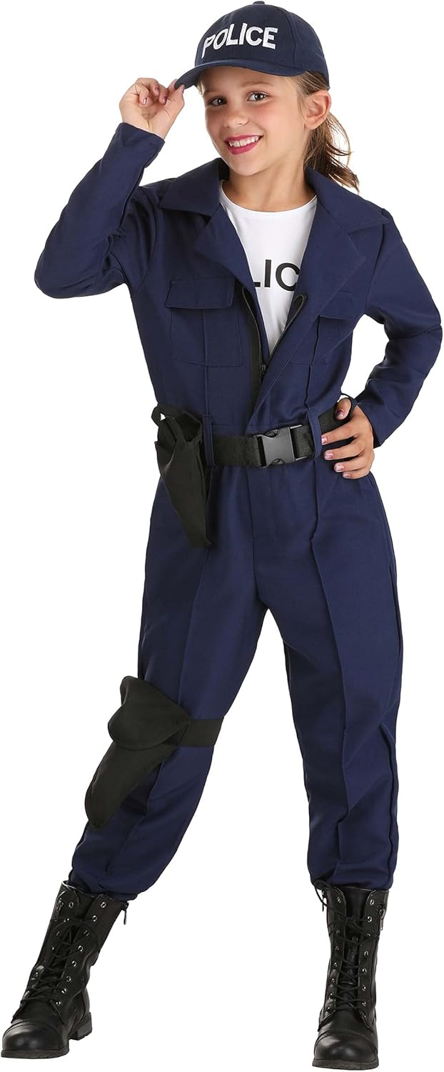 Girls Tactical Cop Jumpsuit Costume with Hat and Belt