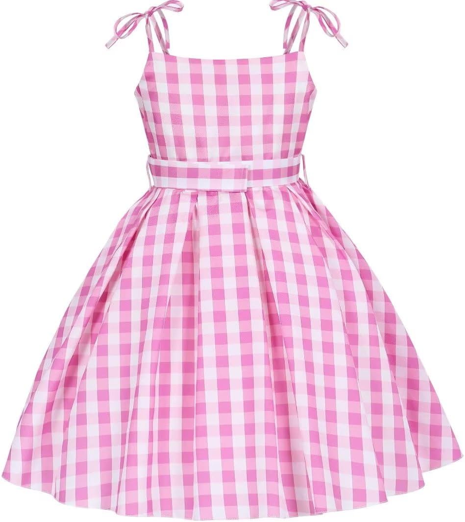 SJ-TONDA Girls 2023 Pink Plaid Movie Costume Dress