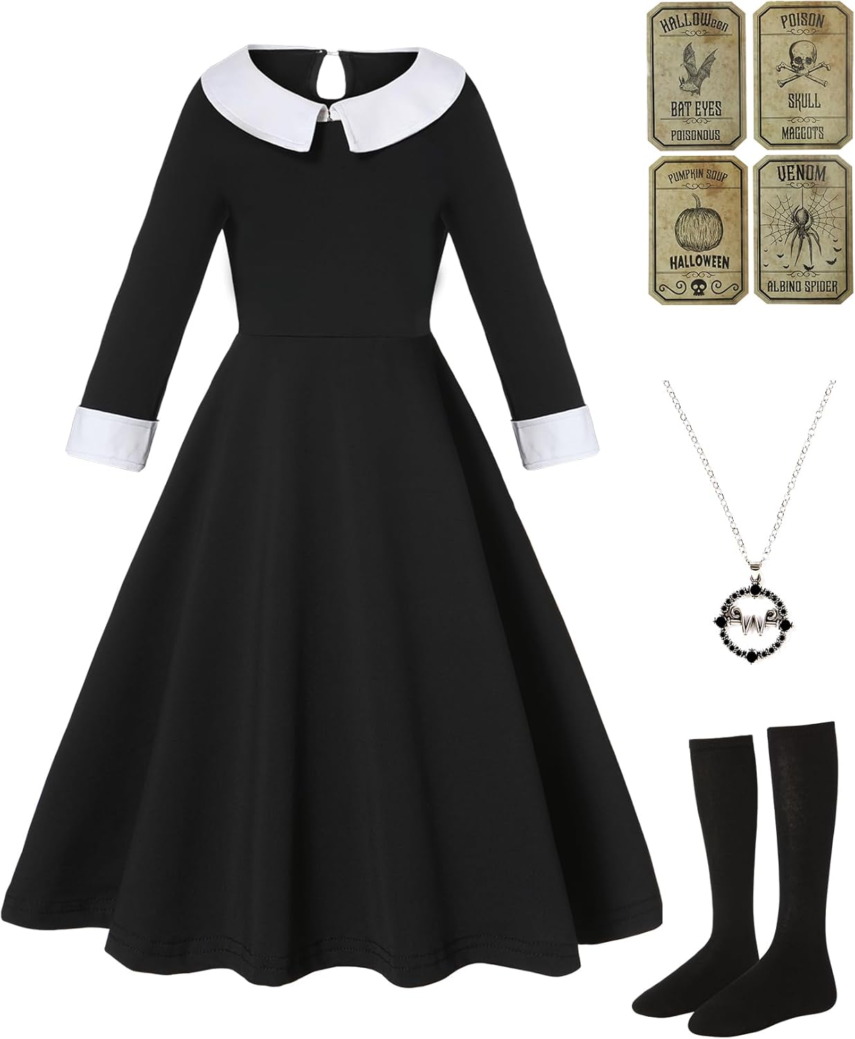 Black Peter Pan Collar Halloween Costume for Girls with Necklace Accessories