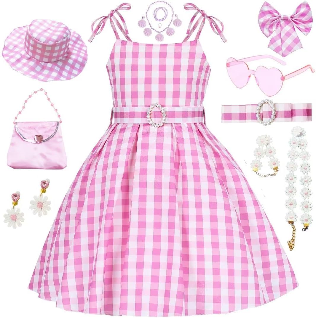 SJ-TONDA Girls 2023 Pink Plaid Movie Costume Dress