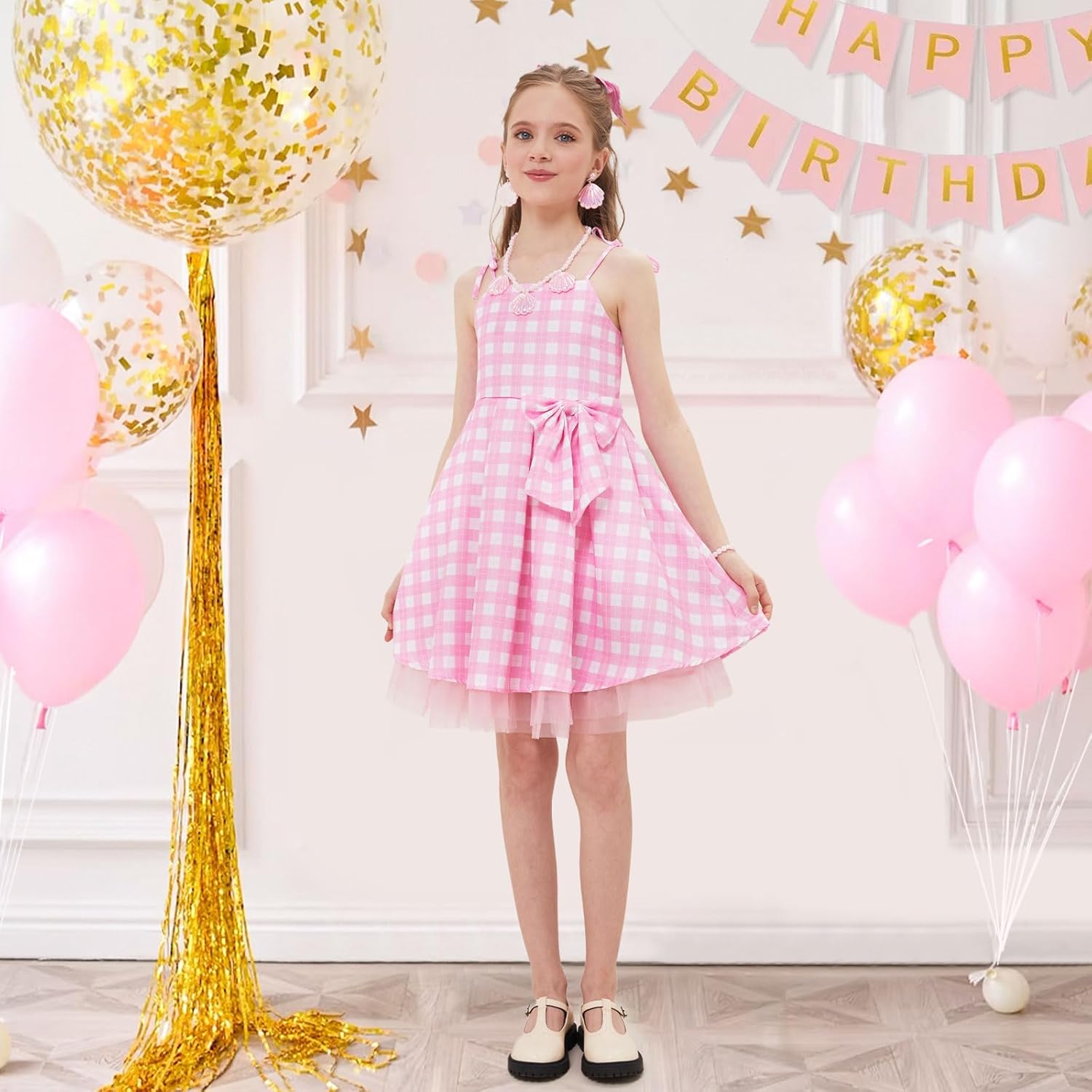 Girls Pink Plaid Costume Dress with Accessories