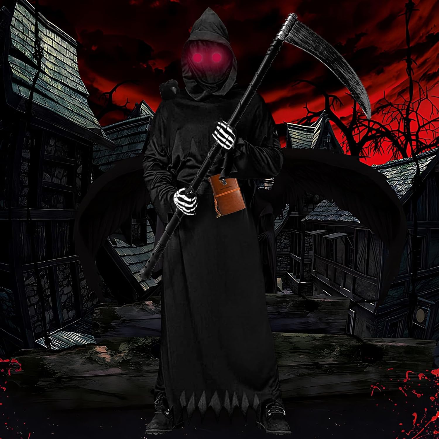 Halloween Grim Reaper Costume with Glowing Red Eyes 1