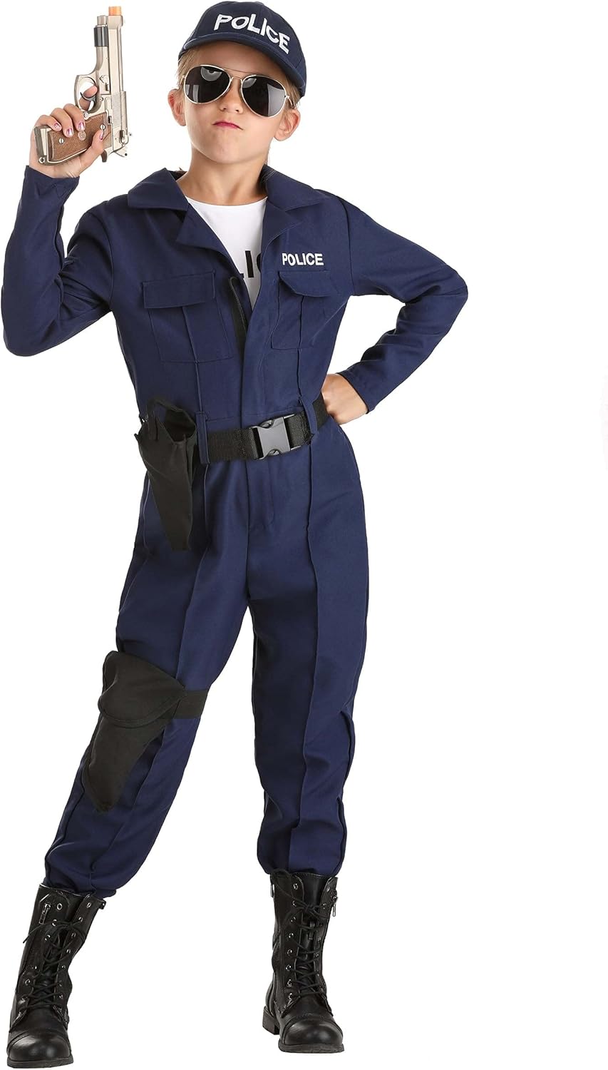 Girls Tactical Cop Jumpsuit Costume with Hat and Belt