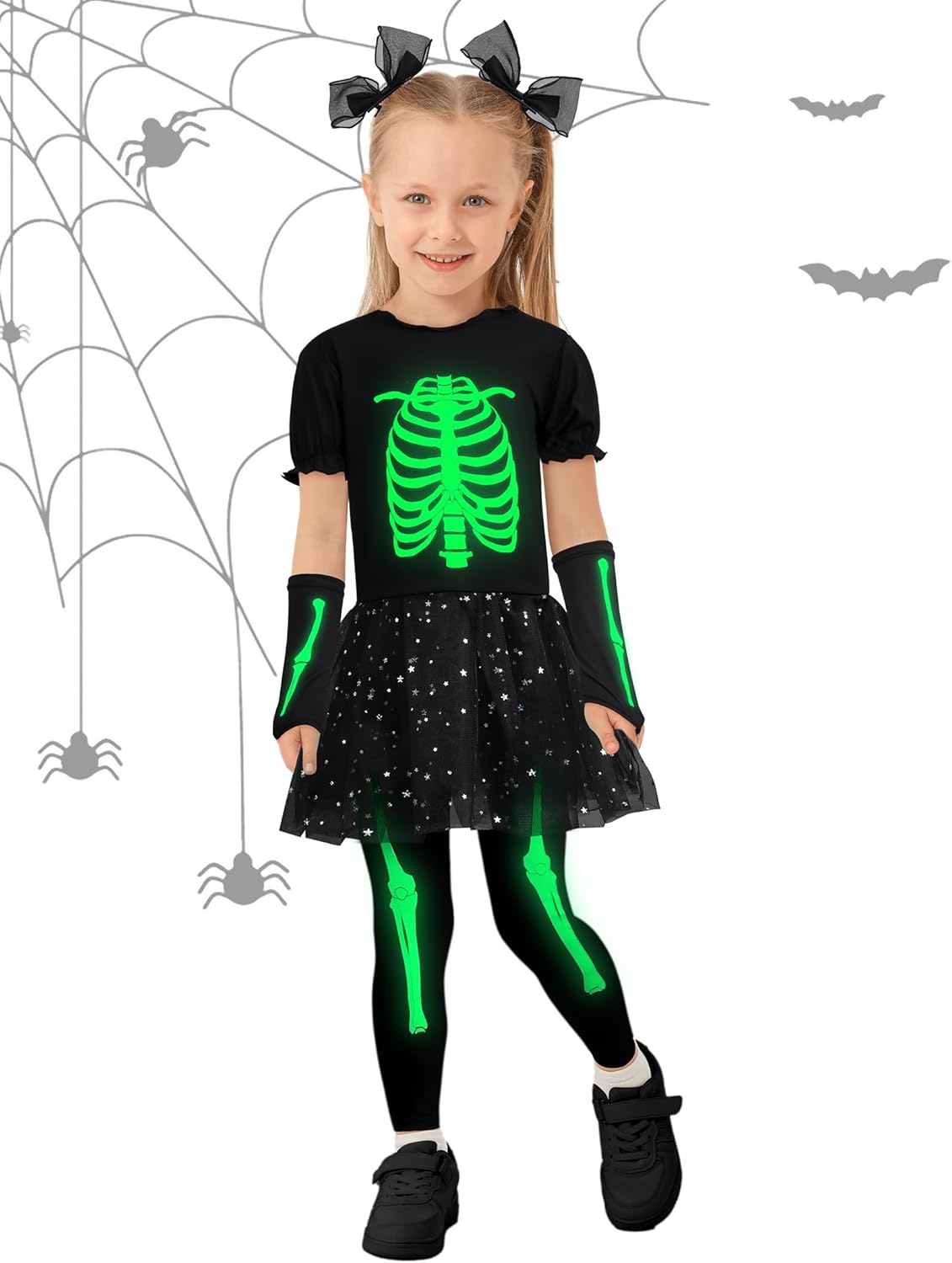 AOTHSO Halloween Girls Skeleton Costume Set with Glow In The Dark Accessories