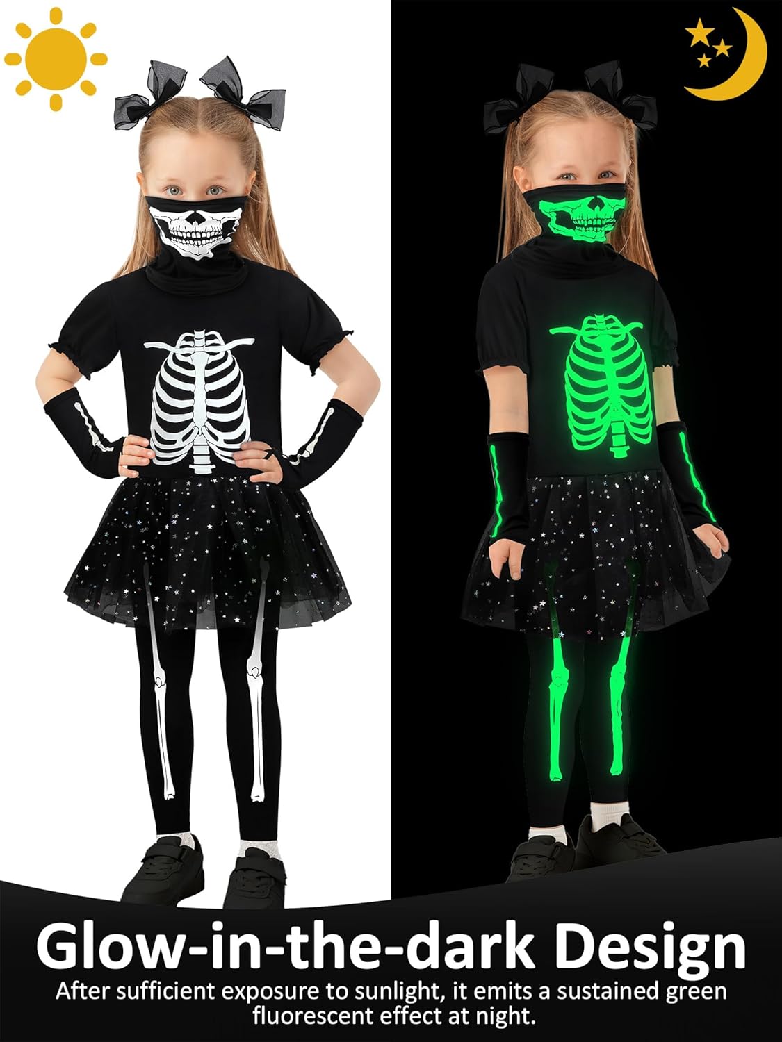 AOTHSO Halloween Girls Skeleton Costume Set with Glow In The Dark Accessories