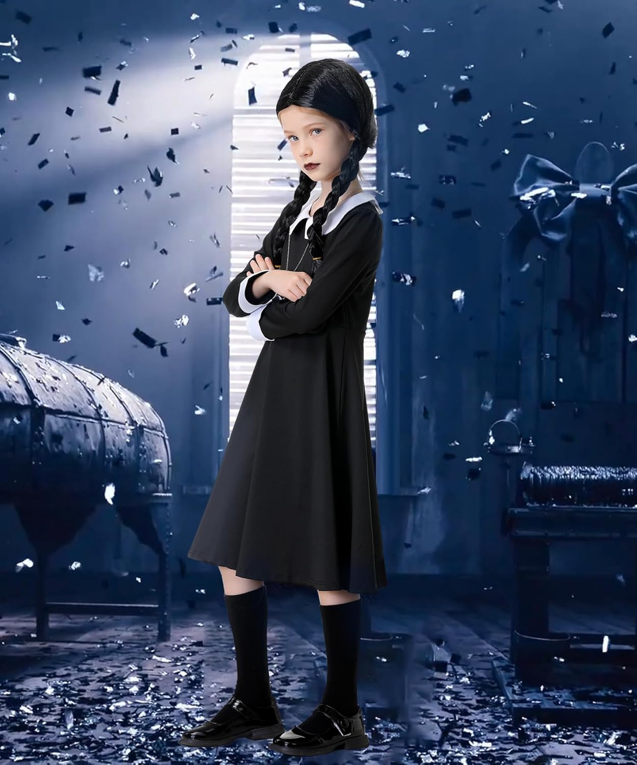 Black Peter Pan Collar Halloween Costume for Girls with Necklace Accessories