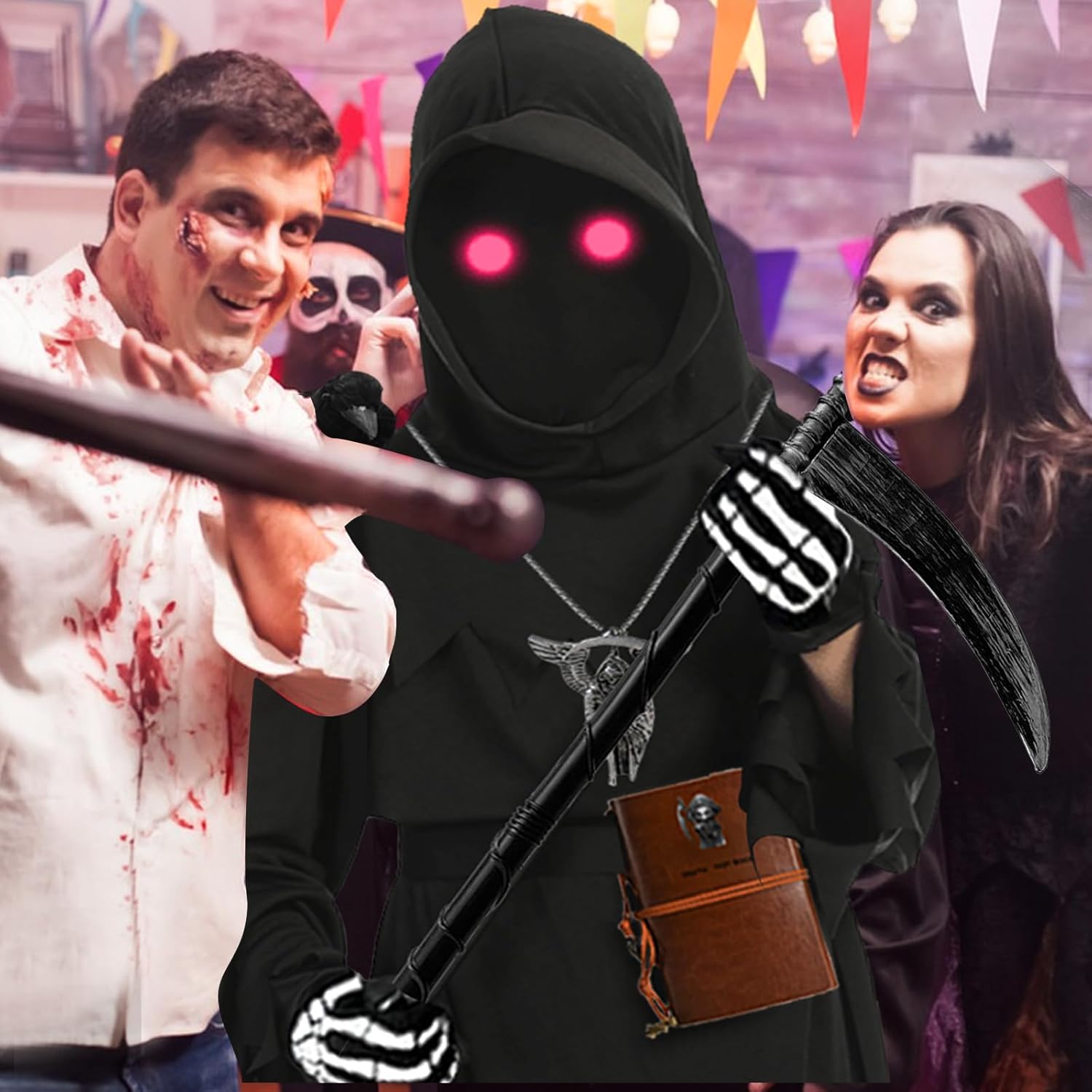 Halloween Grim Reaper Costume with Glowing Red Eyes 1