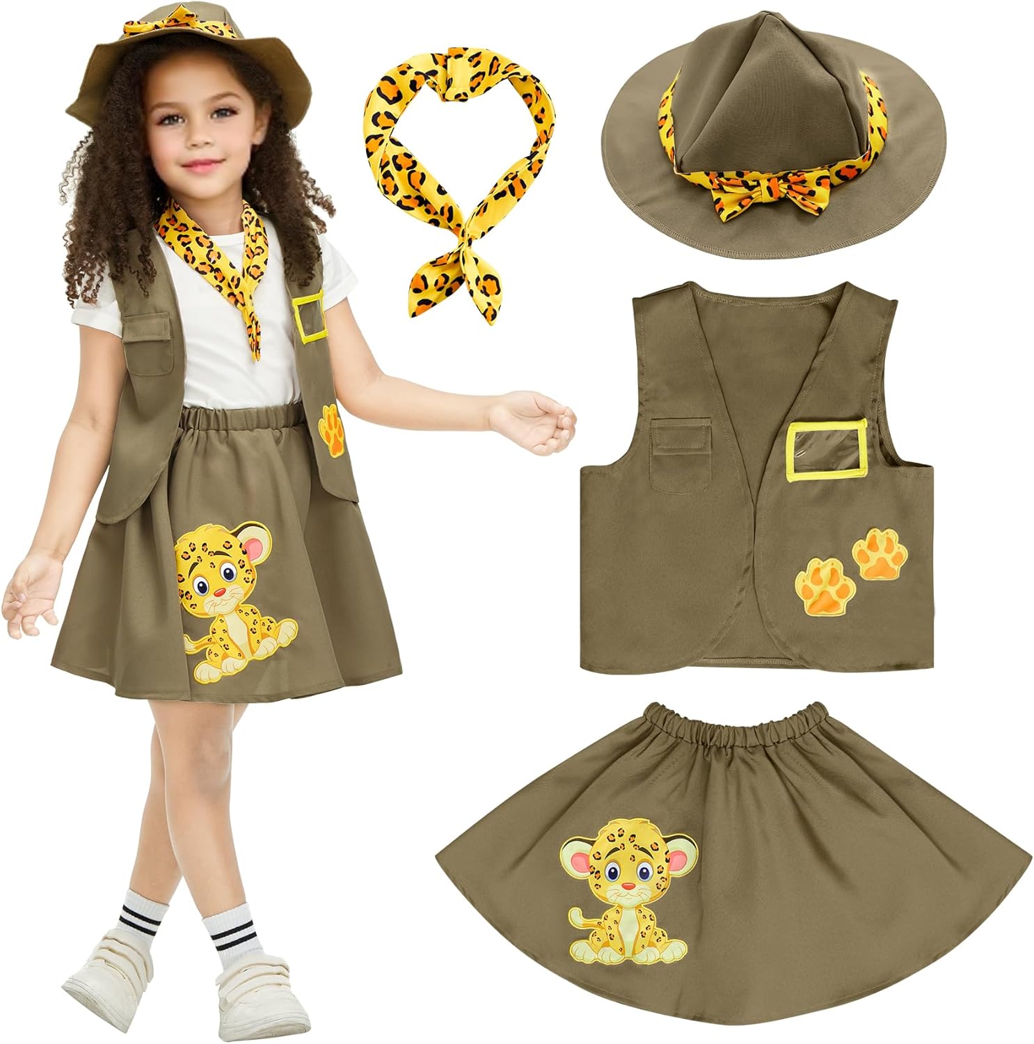 IKALI Kids Girls Zoo Keeper Costume Safari Explore Set with Tiger Print