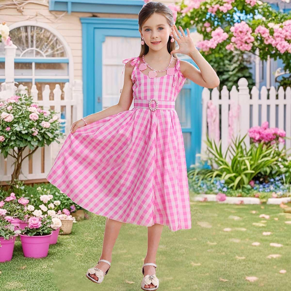 Girls Pink Gingham Costume Dress Movie Cosplay for Kids