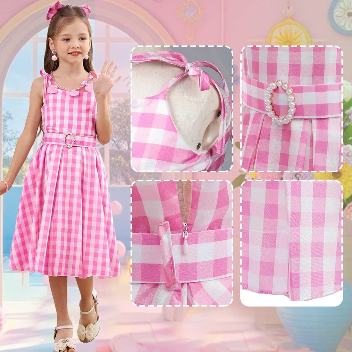 Girls Pink Gingham Costume Dress Movie Cosplay for Kids