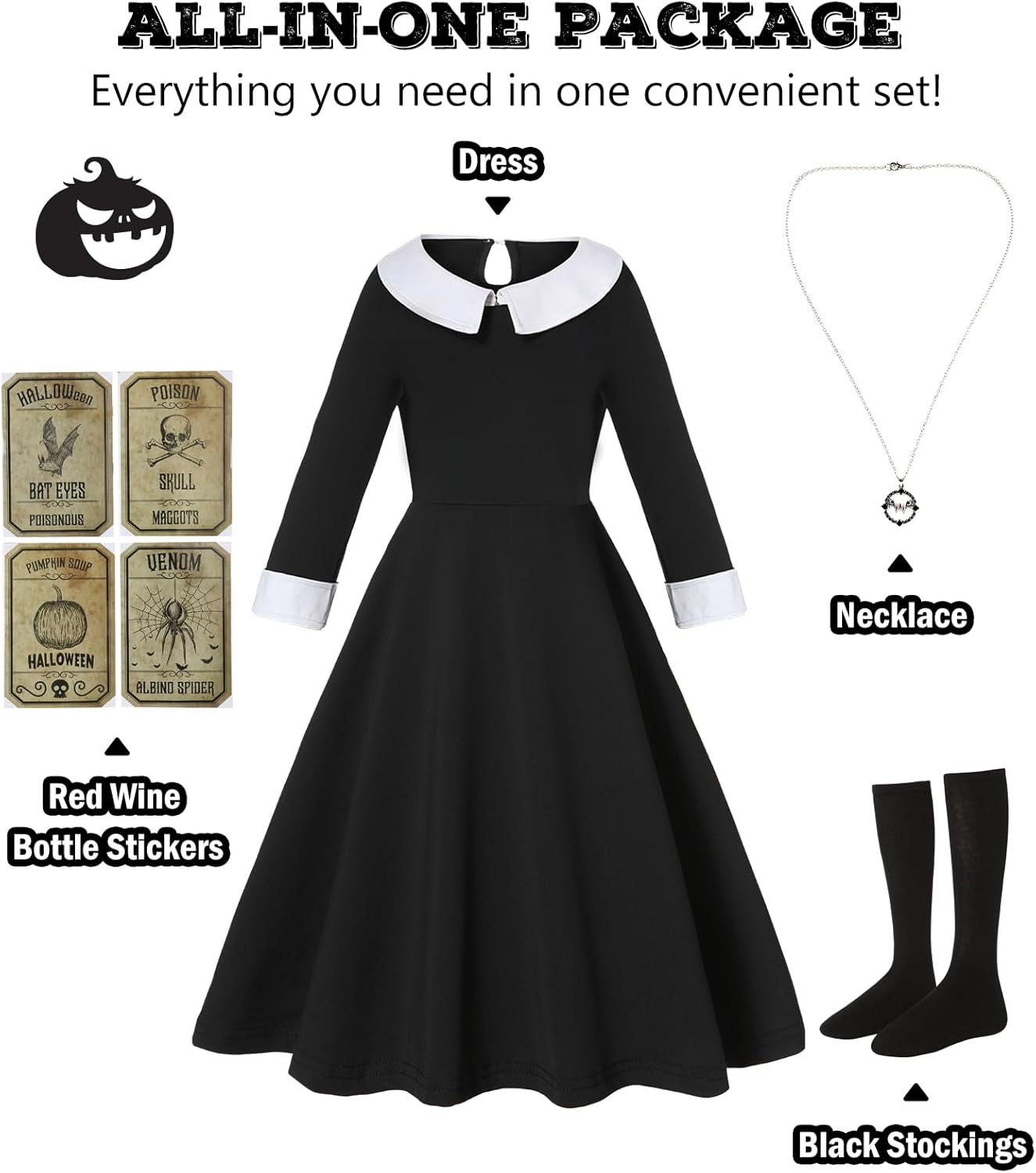 Black Peter Pan Collar Halloween Costume for Girls with Necklace Accessories