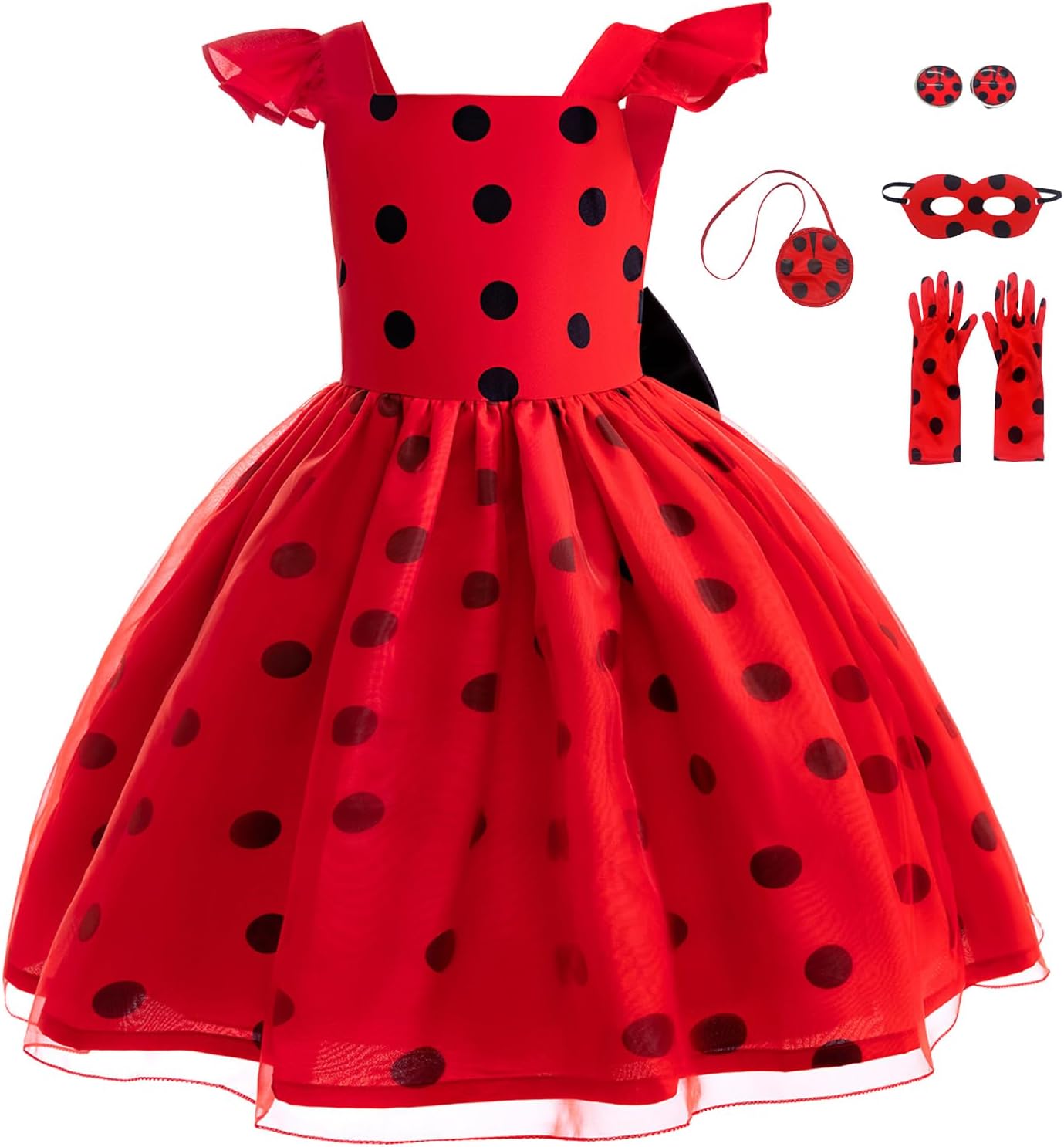 Sgehen Girls Ladybug Costume Puff Sleeve Dress - Halloween Birthday Christmas PartyCostuming Set