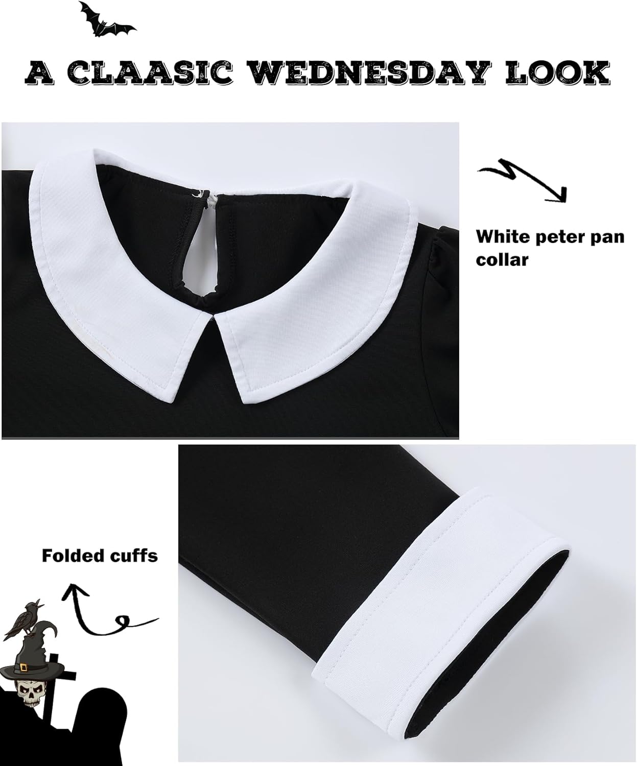 Black Peter Pan Collar Halloween Costume for Girls with Necklace Accessories
