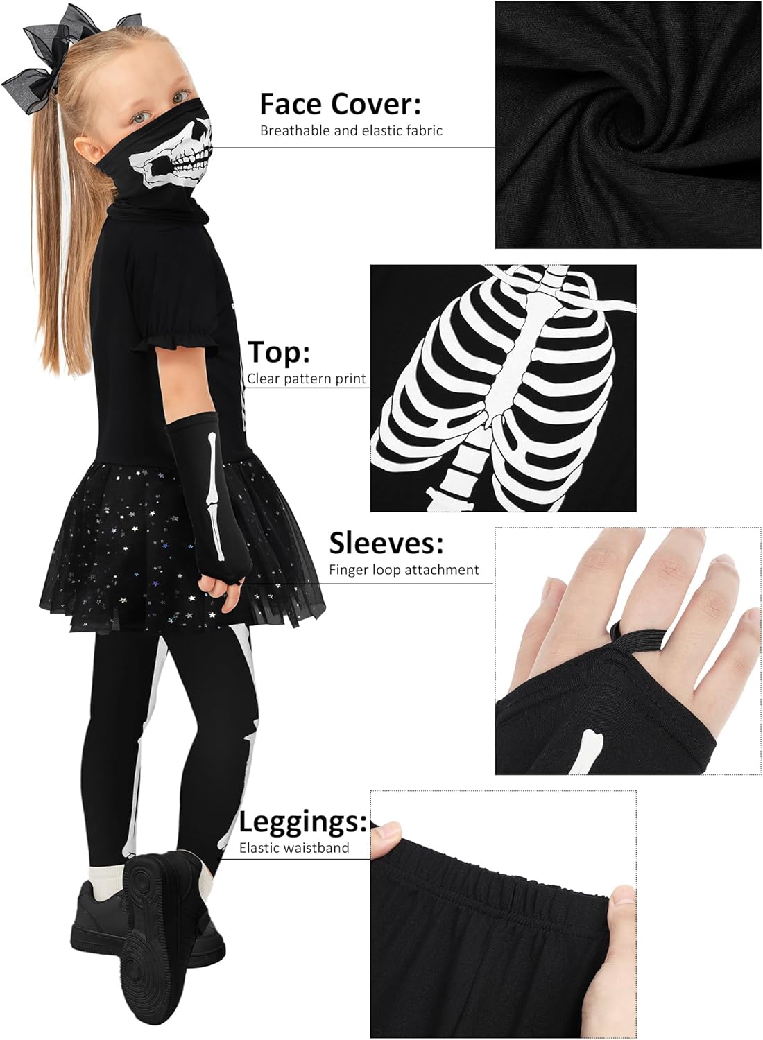 AOTHSO Halloween Girls Skeleton Costume Set with Glow In The Dark Accessories
