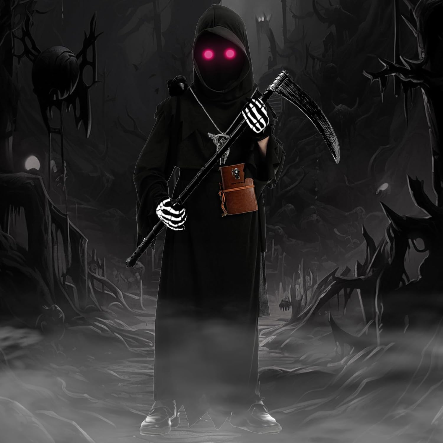 Halloween Grim Reaper Costume with Glowing Red Eyes 1