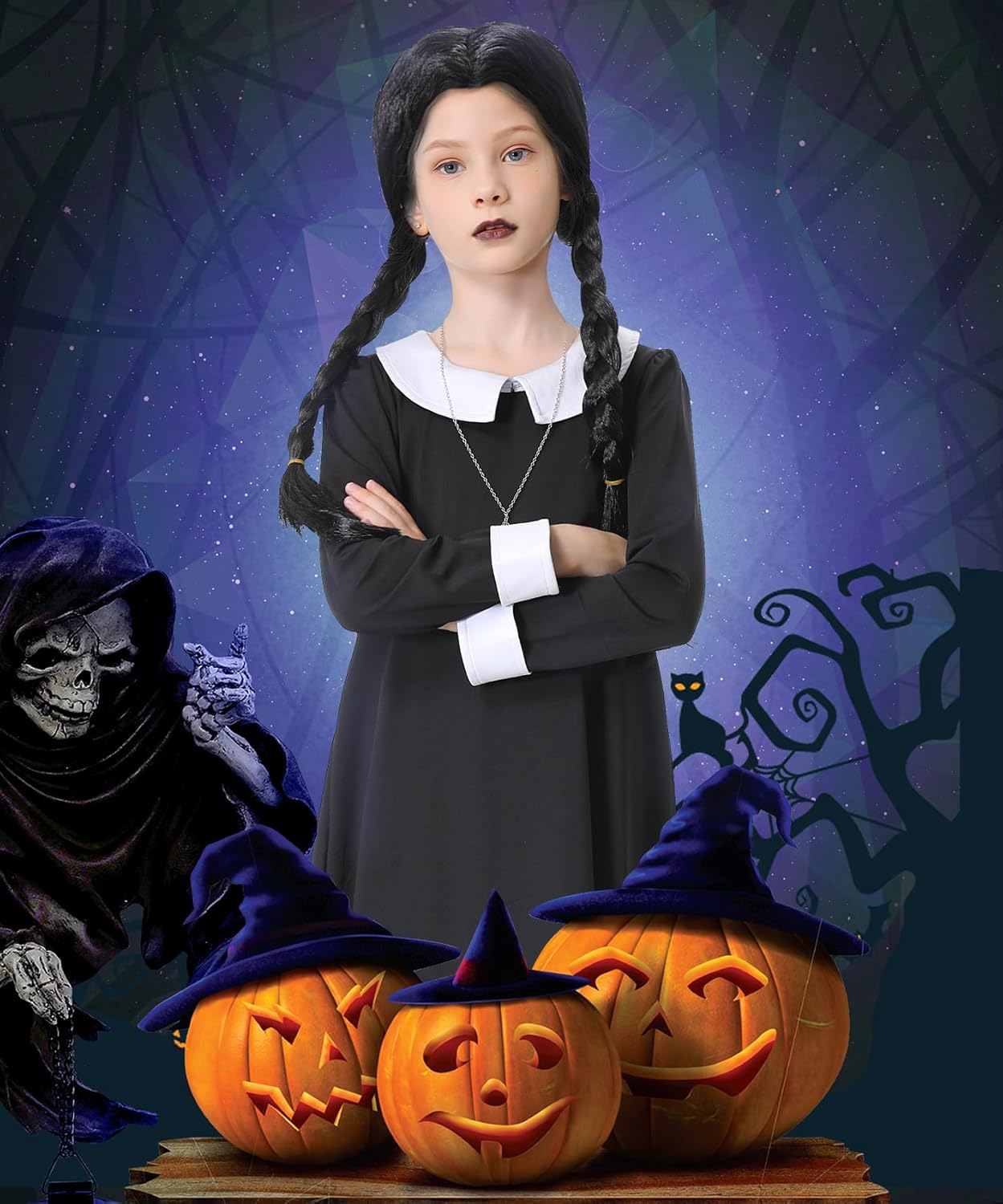 Black Peter Pan Collar Halloween Costume for Girls with Necklace Accessories