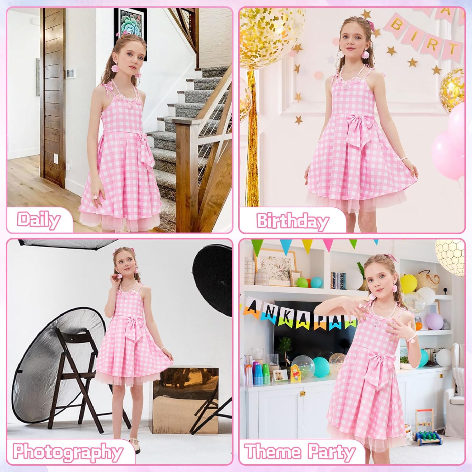 Girls Pink Plaid Costume Dress with Accessories