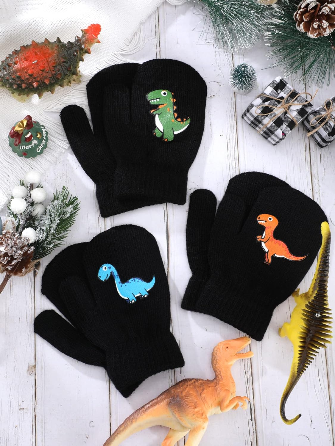 Geyoga 3 Pairs Kids Mittens Winter Dinosaur Full Finger Toddler Gloves