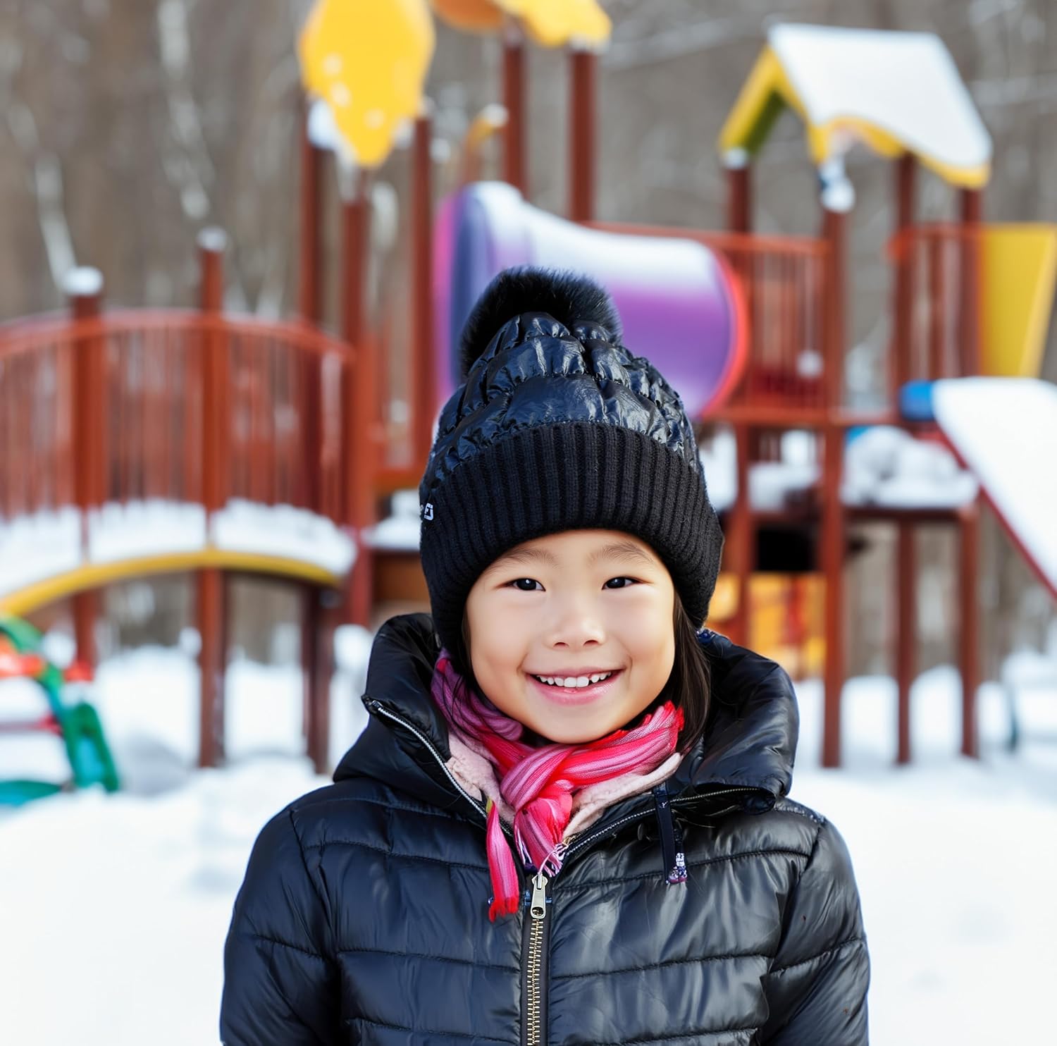 Funky Junque Shiny Puffer Knit Toddler Winter Hat with Pom-Pom