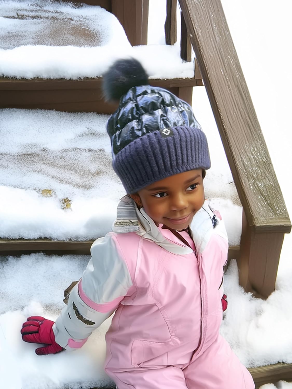 Funky Junque Shiny Puffer Knit Toddler Winter Hat with Pom-Pom