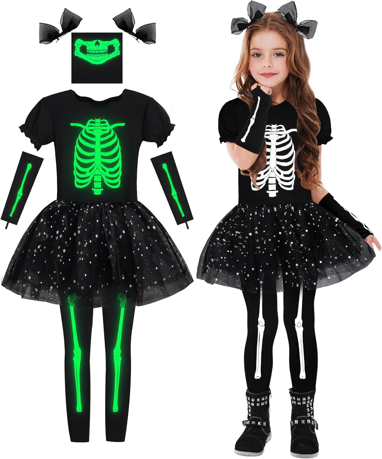 AOTHSO Halloween Girls Skeleton Costume Set with Glow In The Dark Accessories