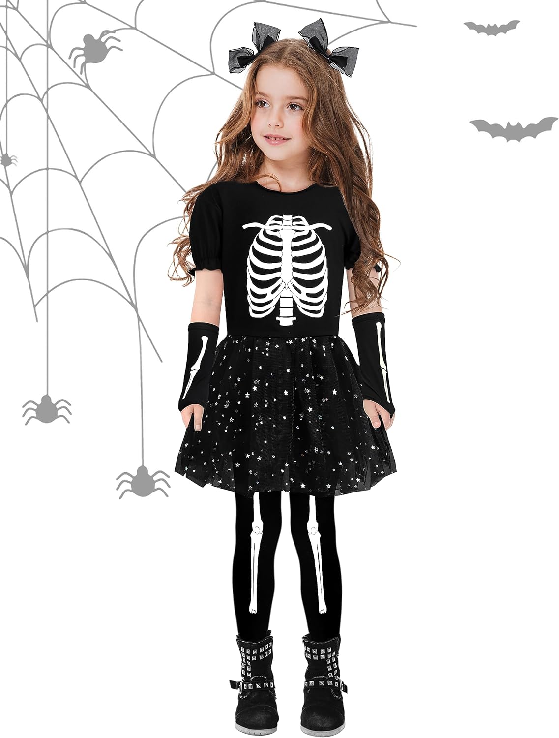 AOTHSO Halloween Girls Skeleton Costume Set with Glow In The Dark Accessories