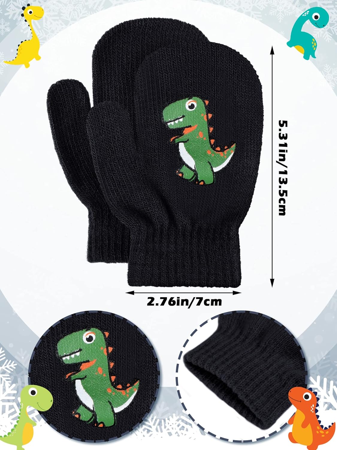 Geyoga 3 Pairs Kids Mittens Winter Dinosaur Full Finger Toddler Gloves