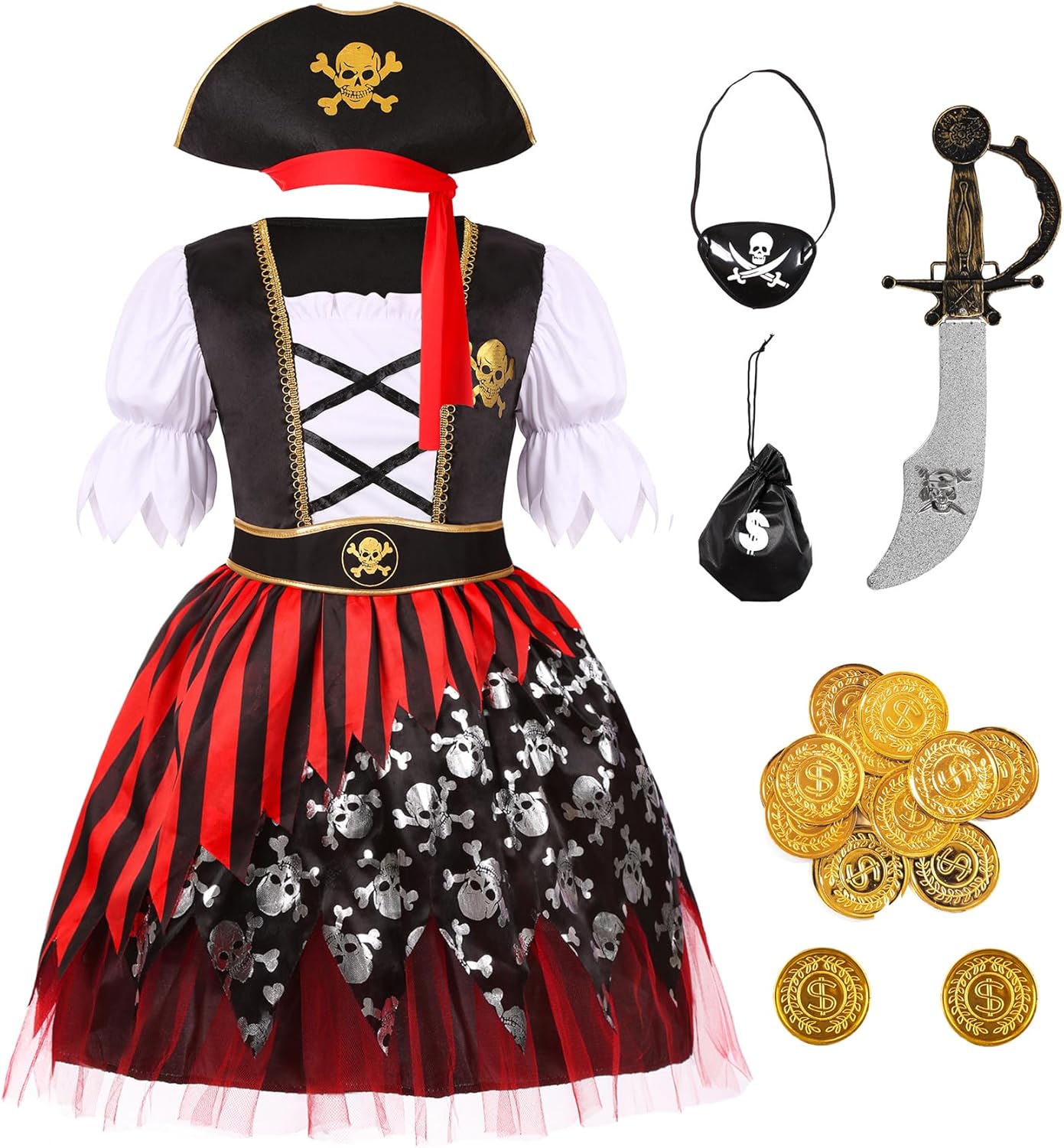 Kids Pirate Costume Girls DeluxeBuccaneer Princess Costume Dress Set for Halloween Party
