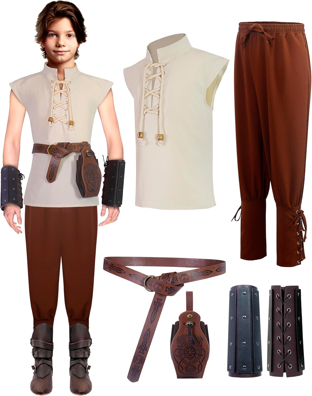 Medieval Kids Pirate Viking Costume - 5-Piece Set for 4-12 Years