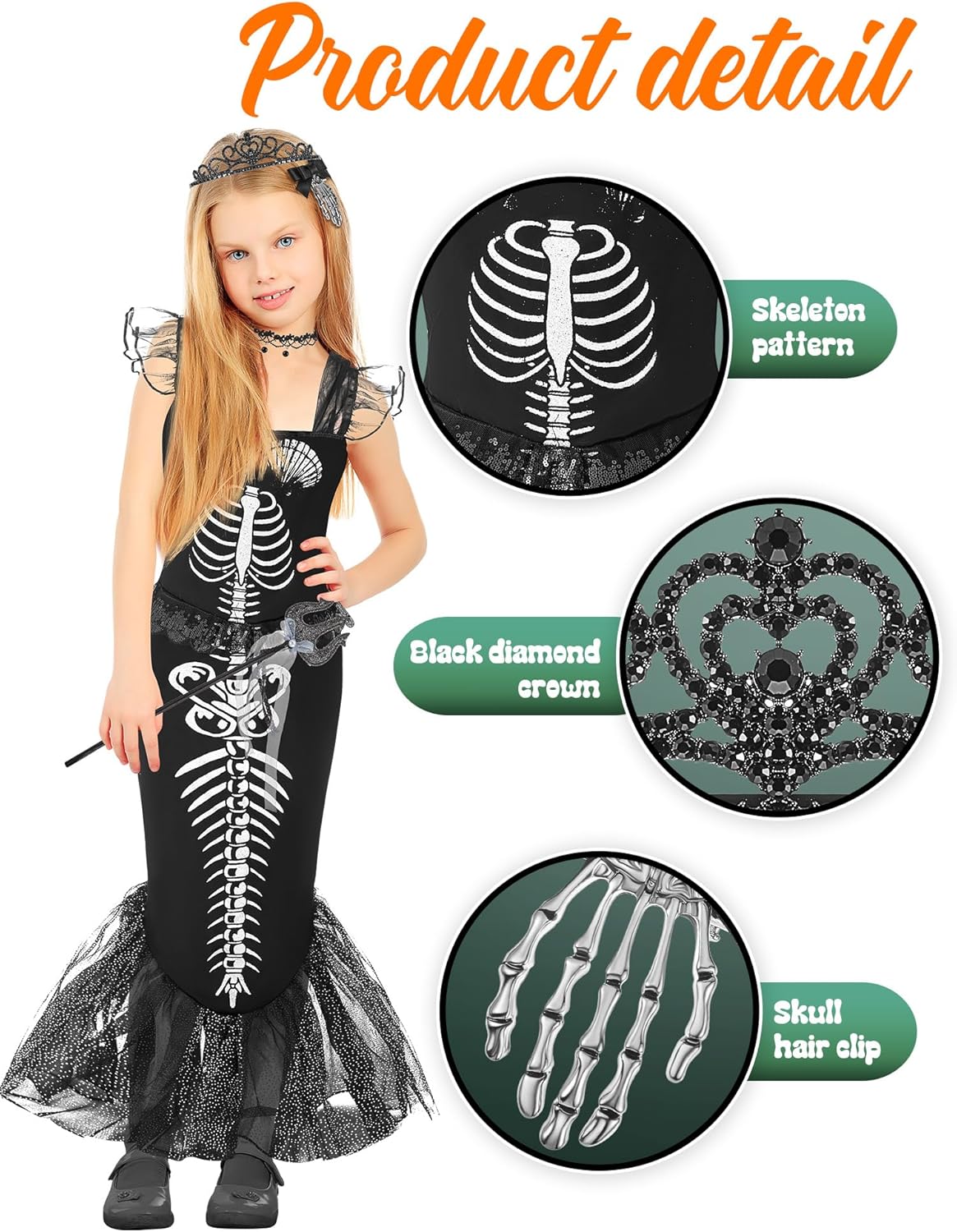 6-Piece Girls Halloween Skeleton Mermaid Costume