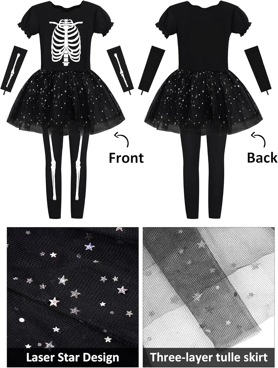 AOTHSO Halloween Girls Skeleton Costume Set with Glow In The Dark Accessories