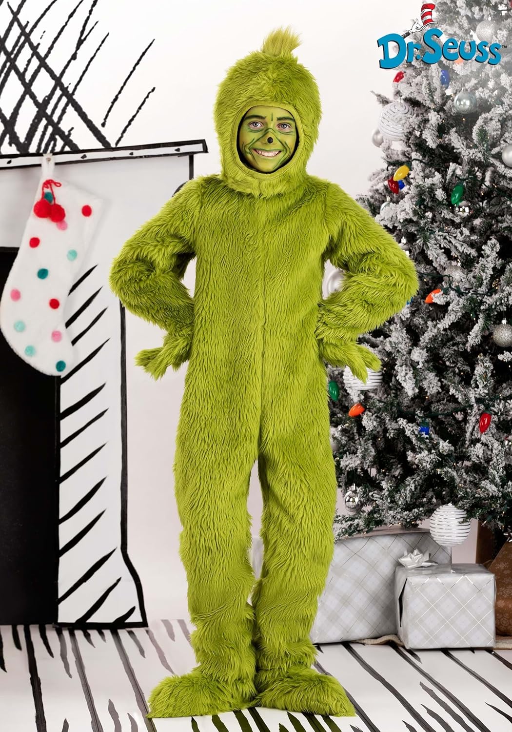 Perfect Dr Seuss The Grinch Costume Open Face Faux Fur