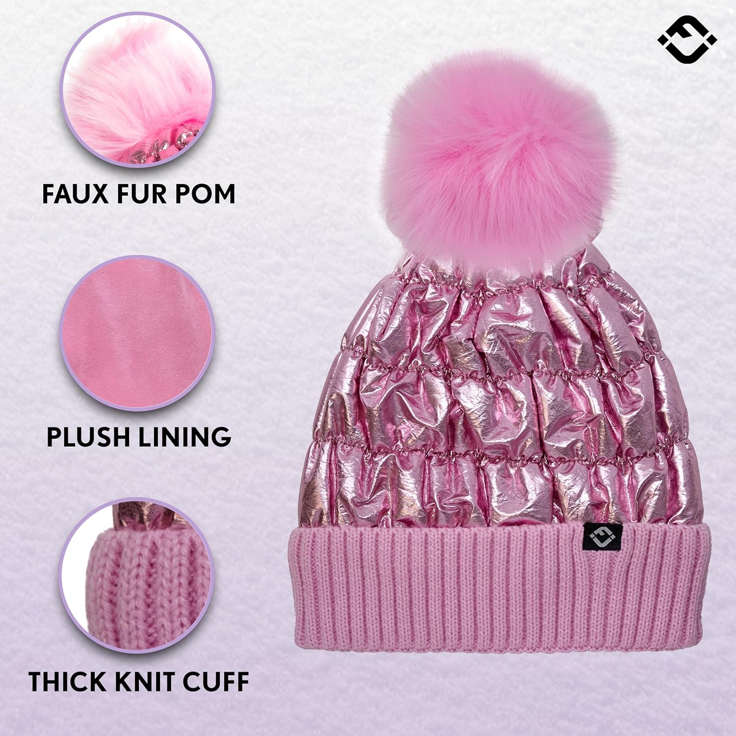 Funky Junque Shiny Puffer Knit Toddler Winter Hat with Pom-Pom